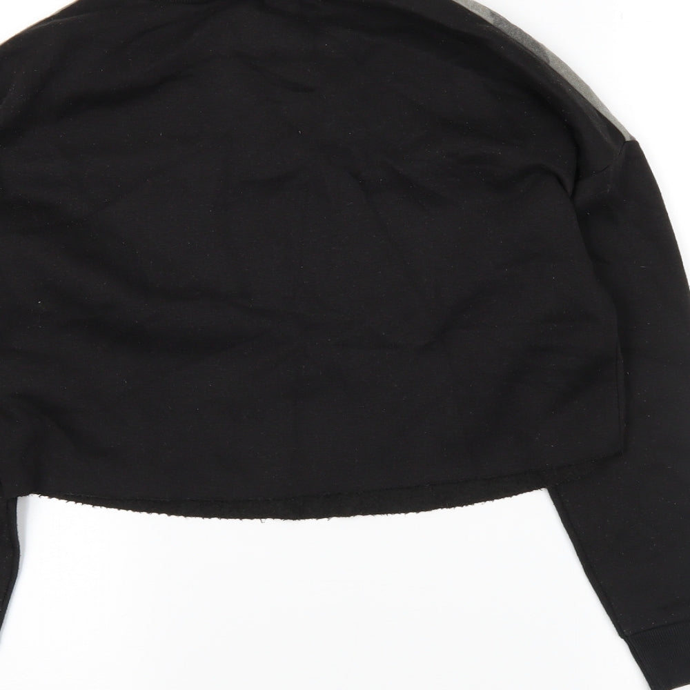 Brand and care label for New Look girls’ black camouflage pullover sweatshirt, size 10-11, years