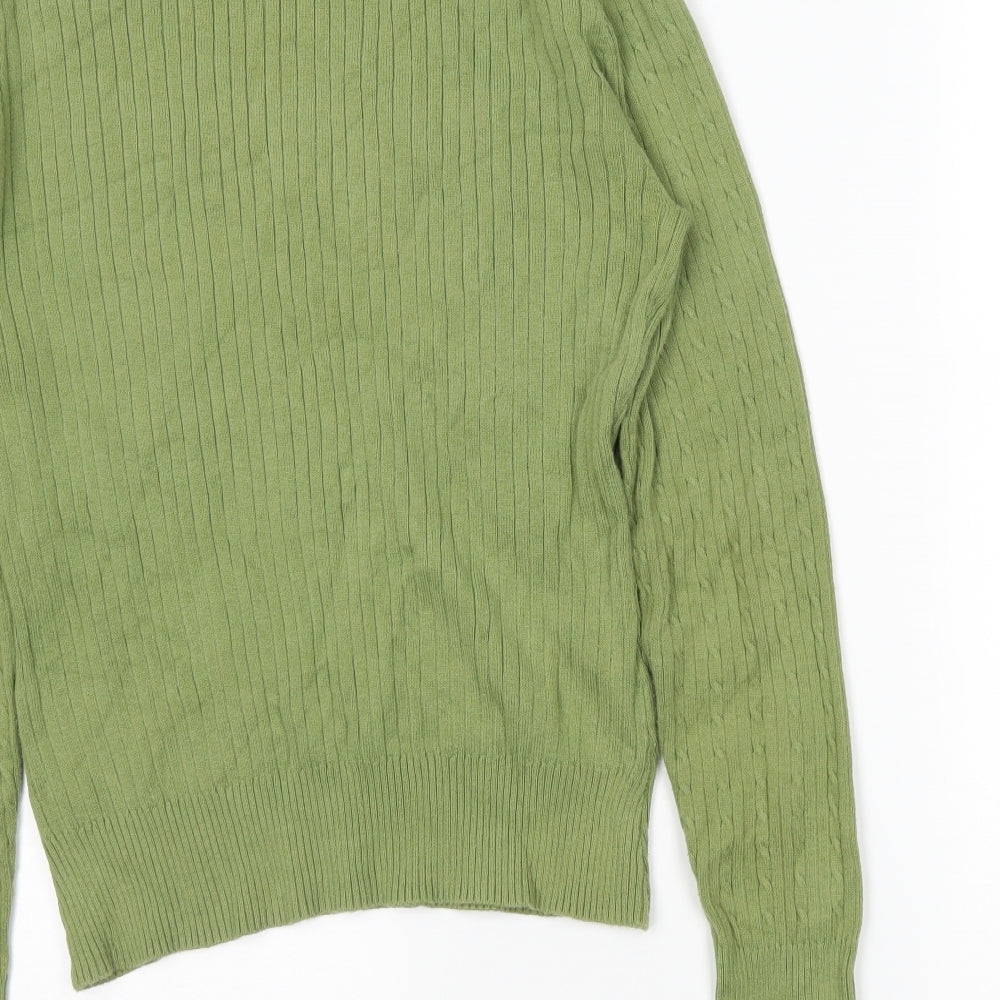 Brand and care label for Preworn women’s green jumper, size UK 14