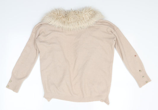 River Island Girls Pink Knit Cardigan Jumper Size 11-12 Years - Detachable fur collar`