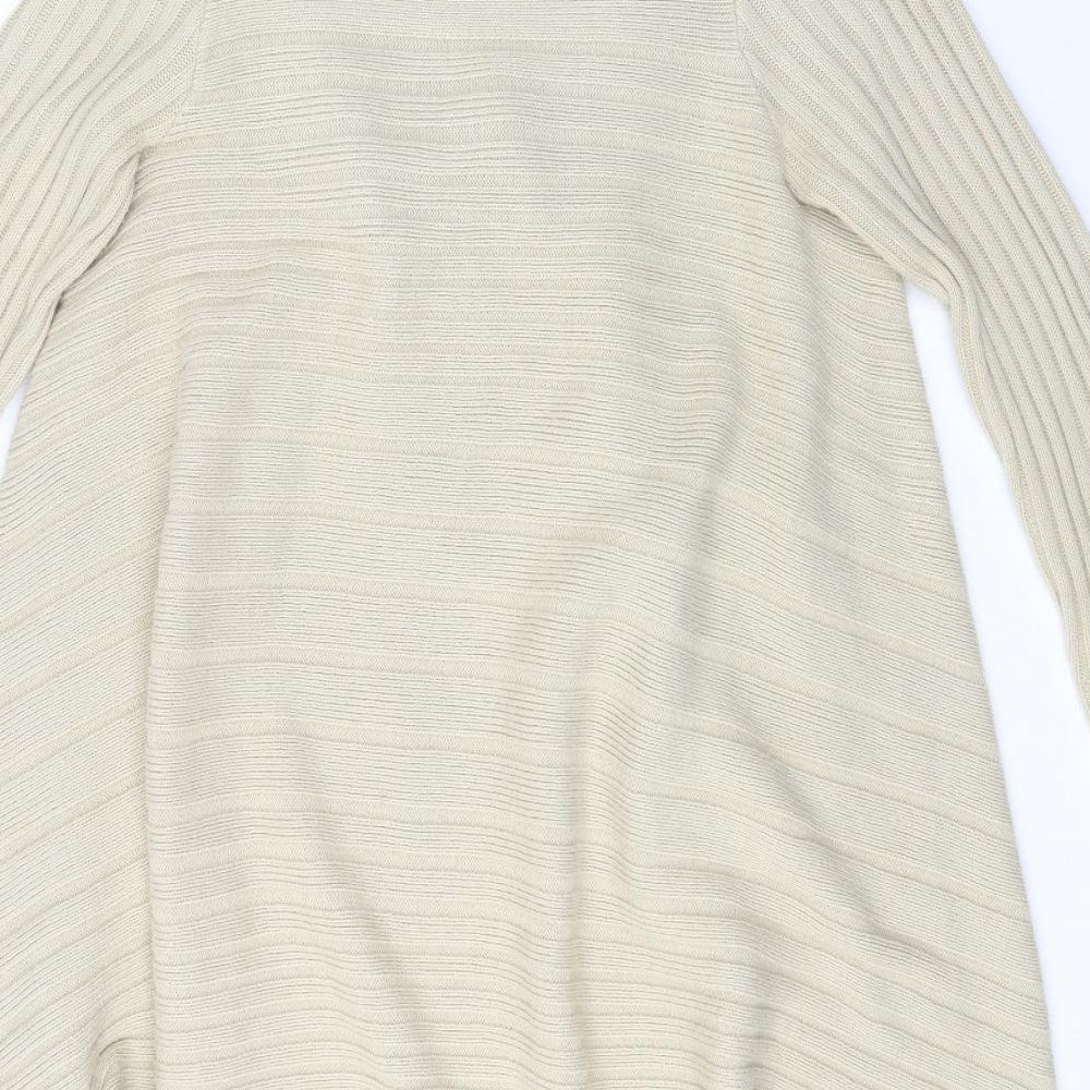Brand and care label for Causal Club women’s beige striped cardigan jumper, size M