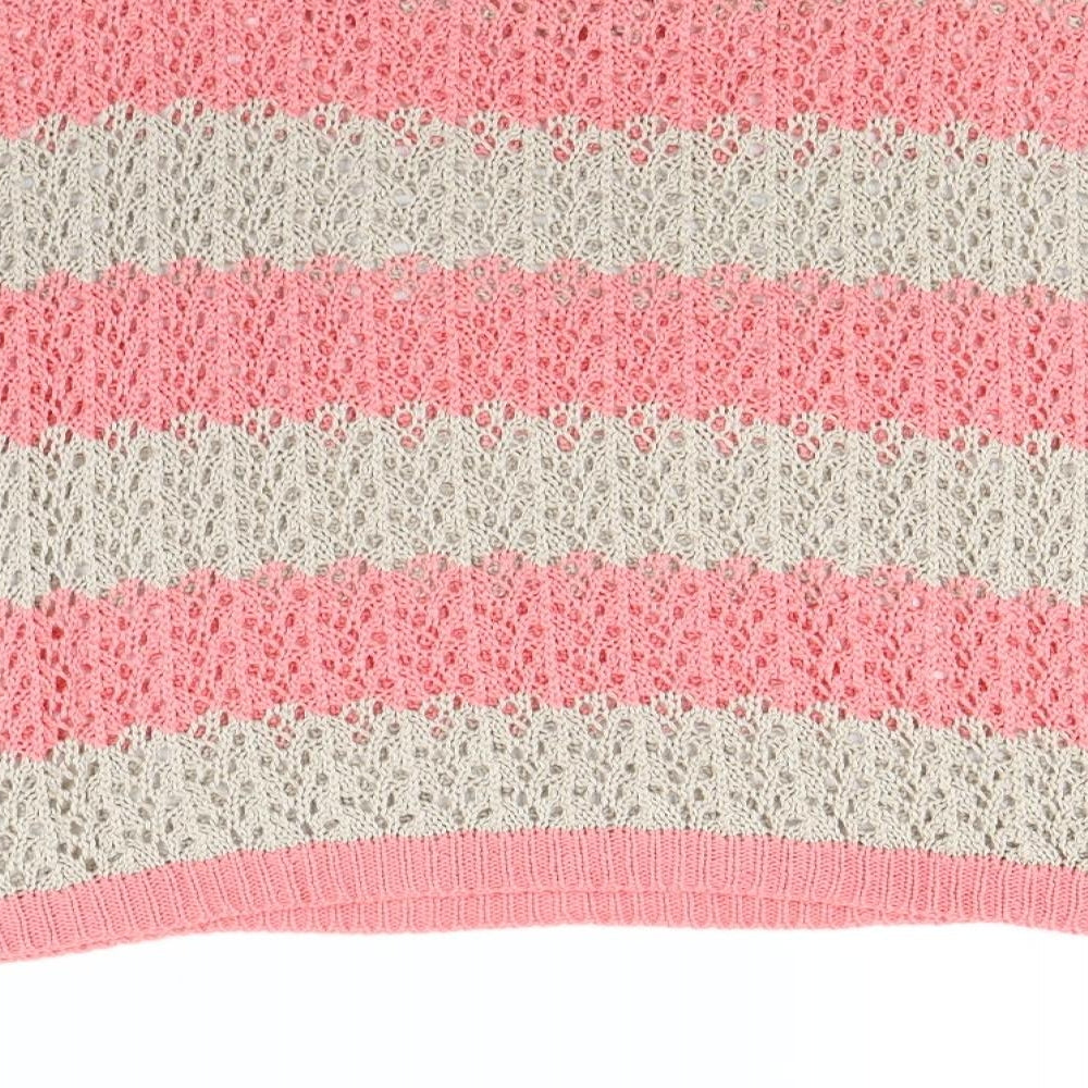 Brand and care label for Warehouse women’s beige striped jumper, size UK 14