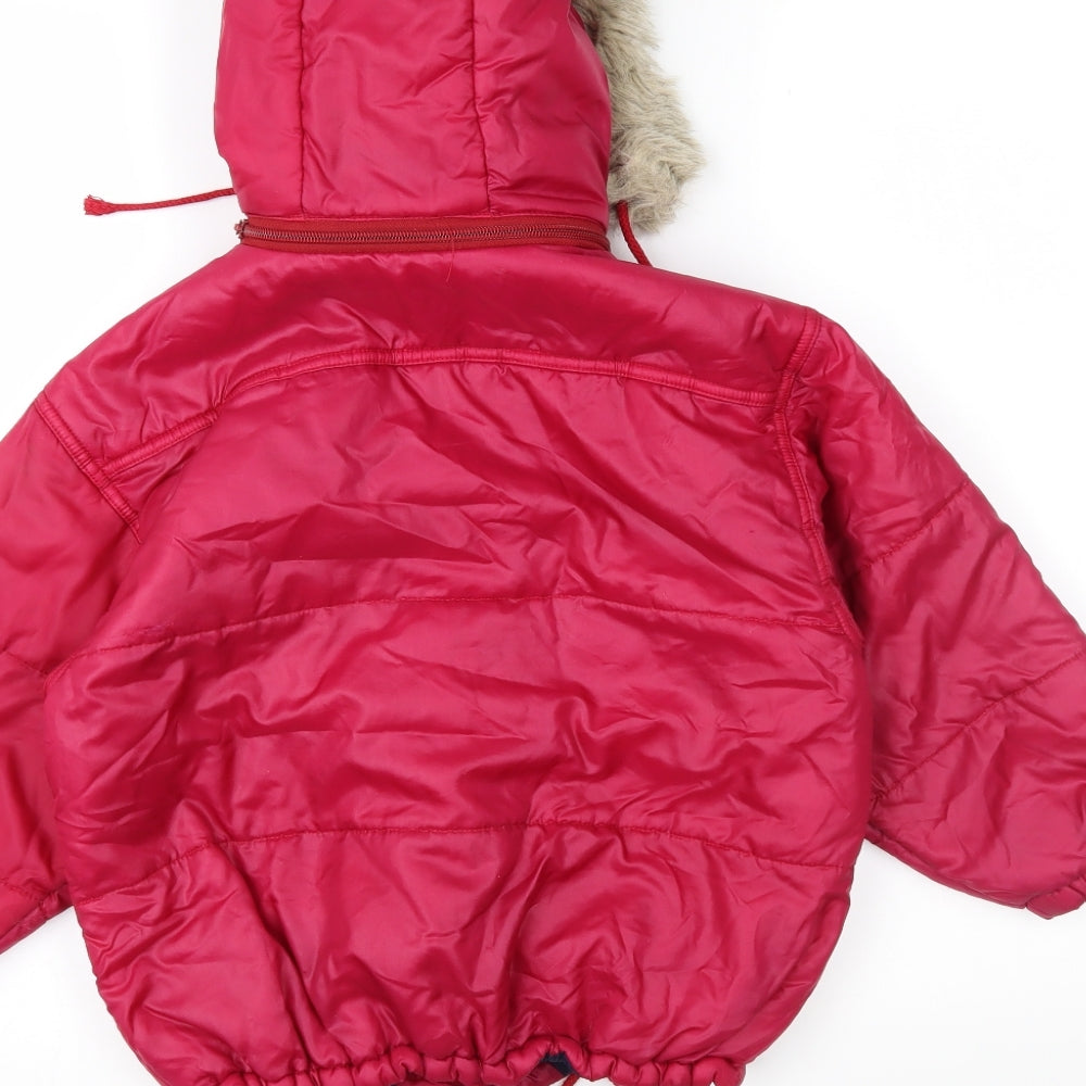 Brand and care label for Peanuts girls’ pink parka jacket, size 6, years