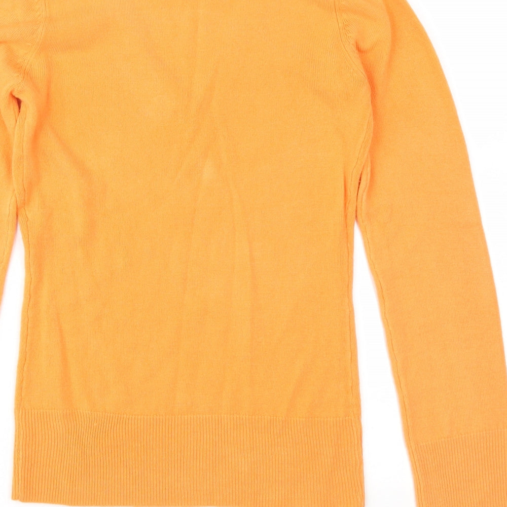 Brand and care label for Dorothy Perkins women’s orange knit jumper, size UK 6
