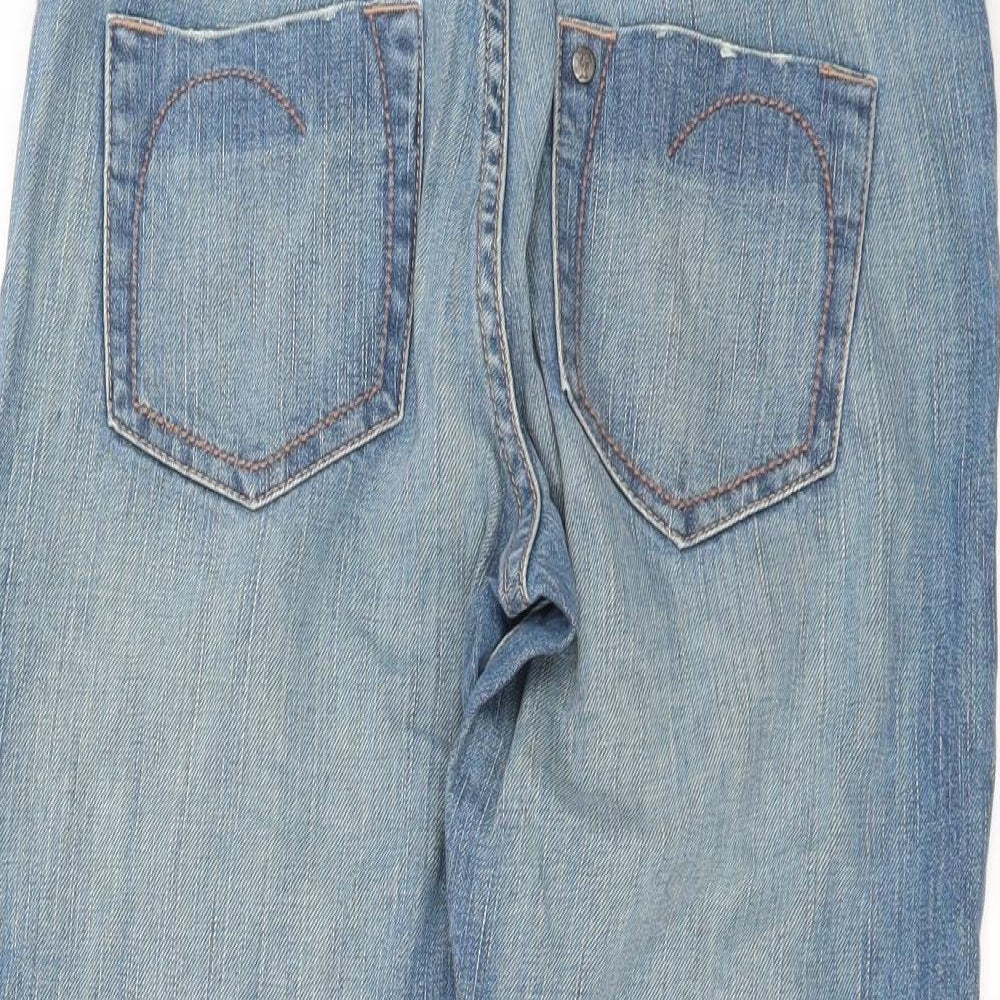 Brand and care label for SQIN women’s blue denim cropped jeans, size UK 29, in, 21-inch leg
