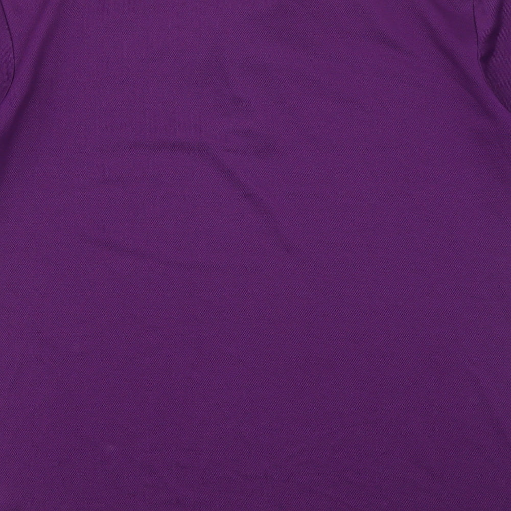 Brand and care label for Dimesions men’s purple polo, size S, - anchor