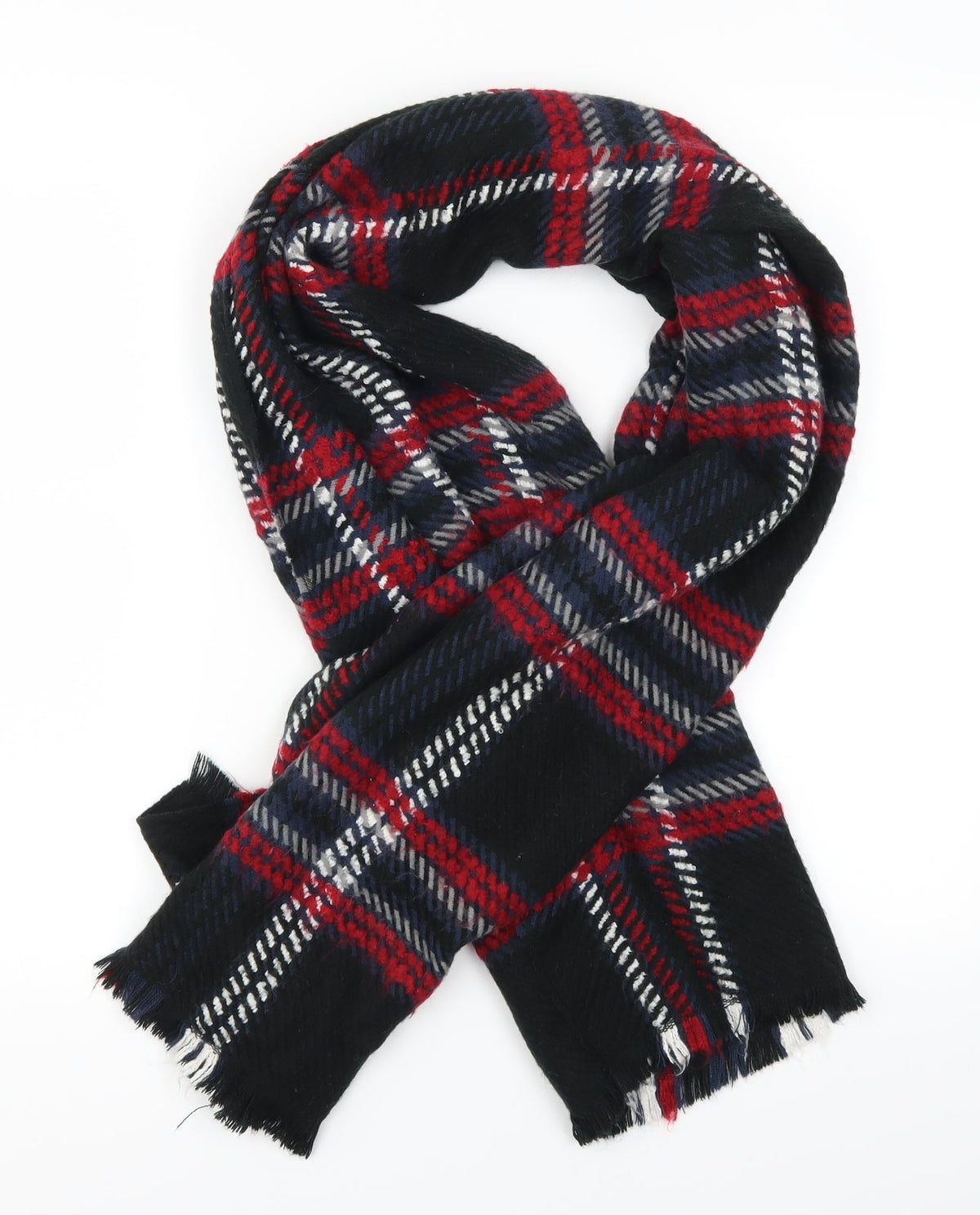Front view of Preworn women’s black check scarf - red