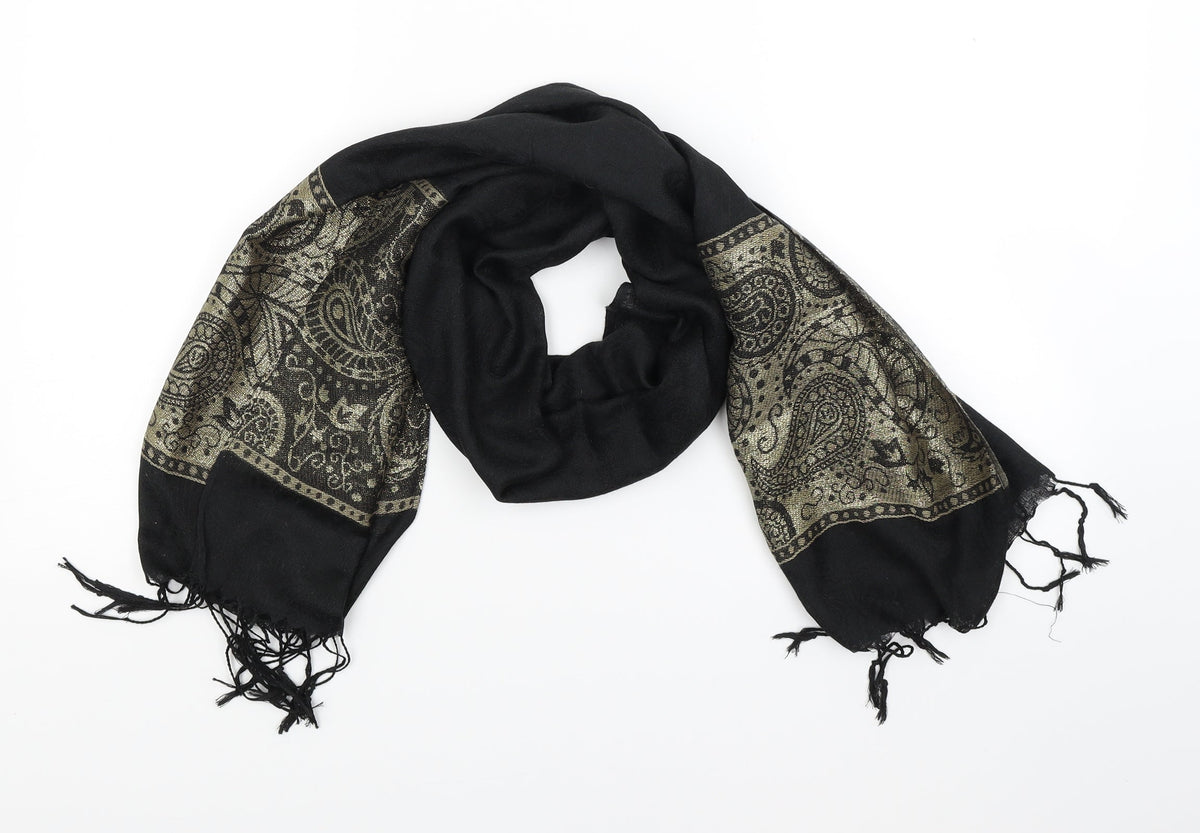 Front view of Avon women’s black scarf - gold print