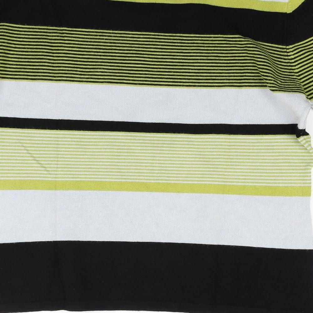 Brand and care label for Text women’s green striped knit jumper, size M