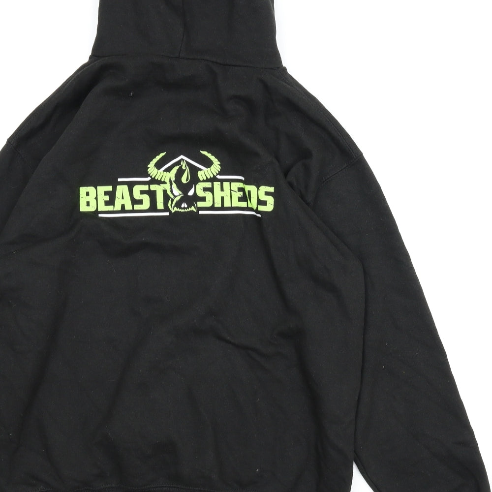 Brand and care label for Beast Sheds men’s black pullover hoodie, size M