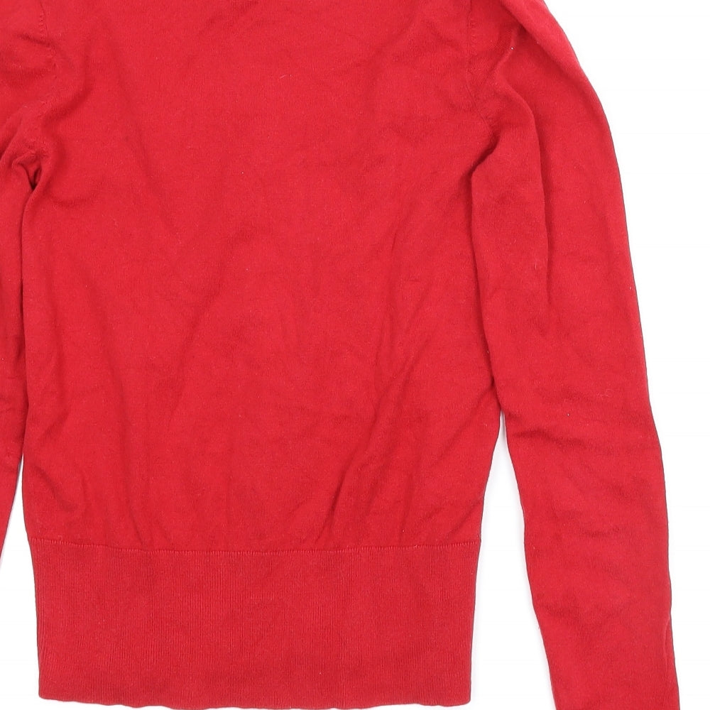 Brand and care label for Preworn women’s red jumper, size S