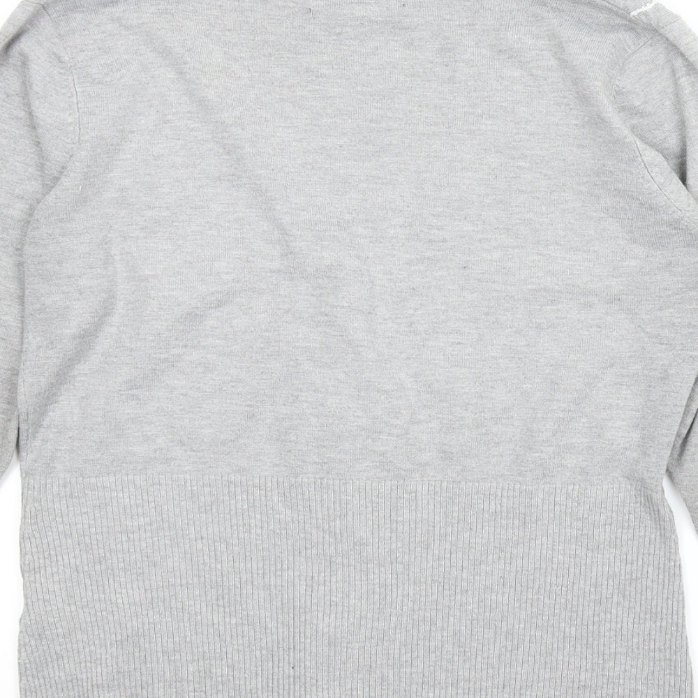 Brand and care label for Femme women’s grey cardigan jumper, size M