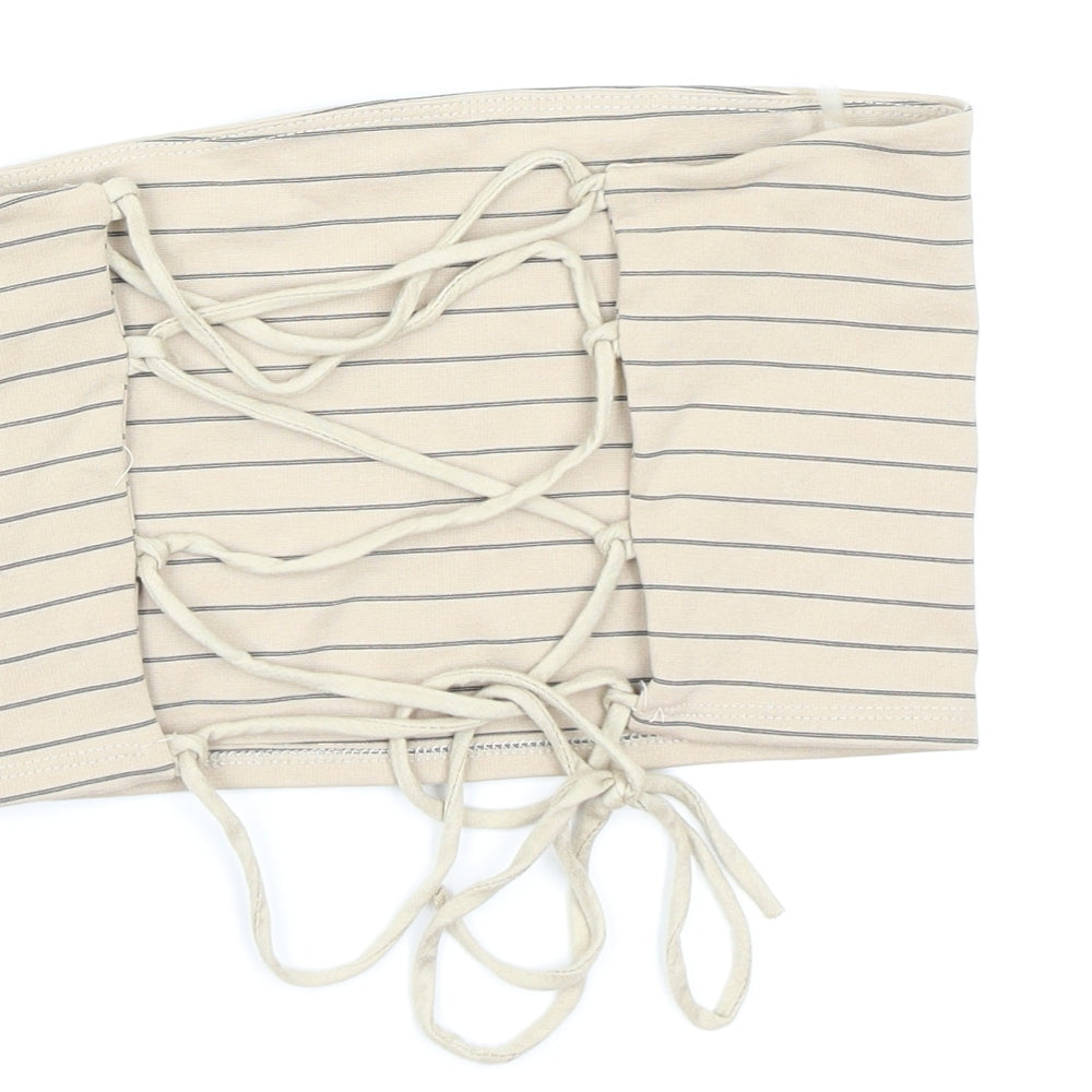 Brand and care label for Fashion Nova women’s beige striped cropped tank, size M