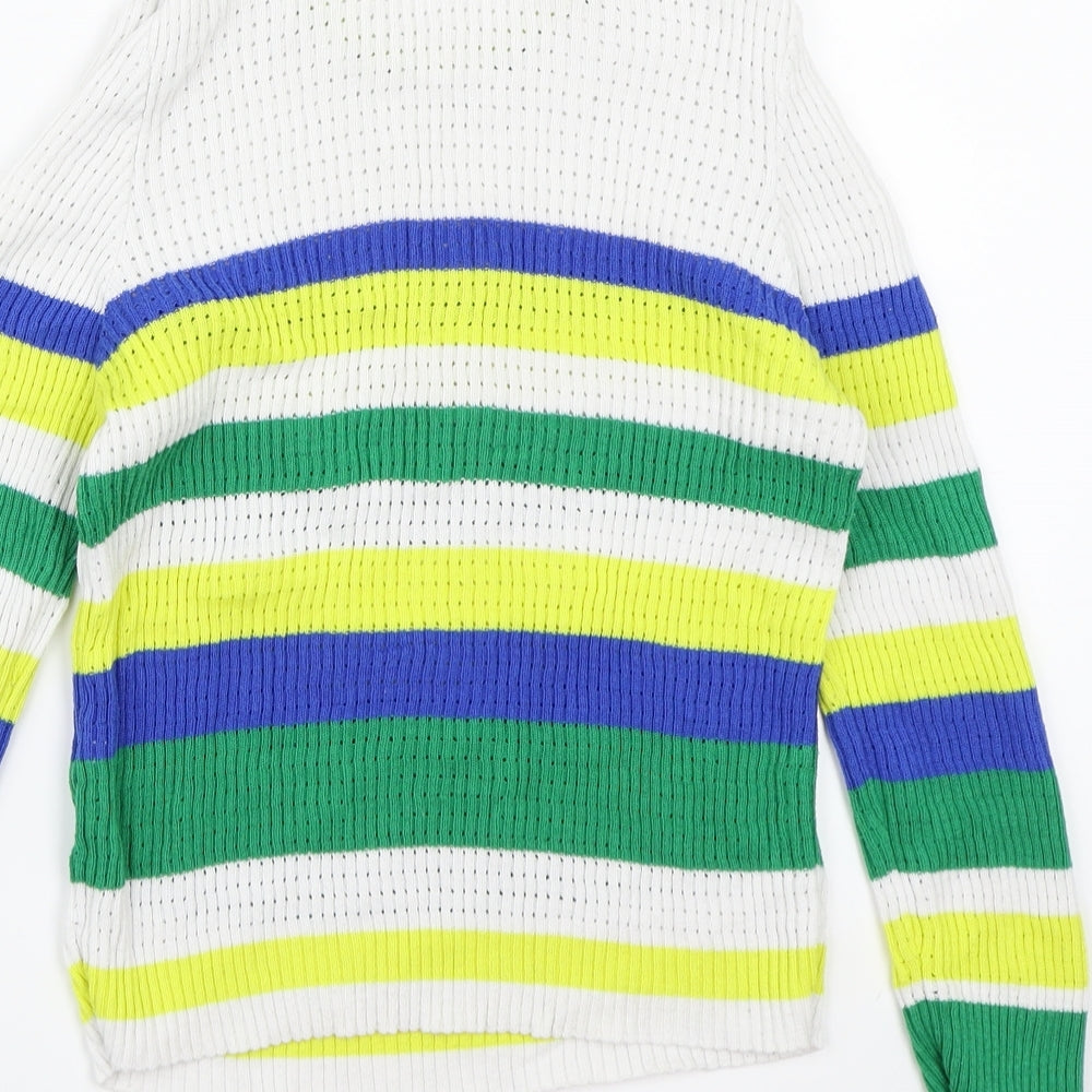Brand and care label for Stradivarius women’s white striped knit jumper, size S