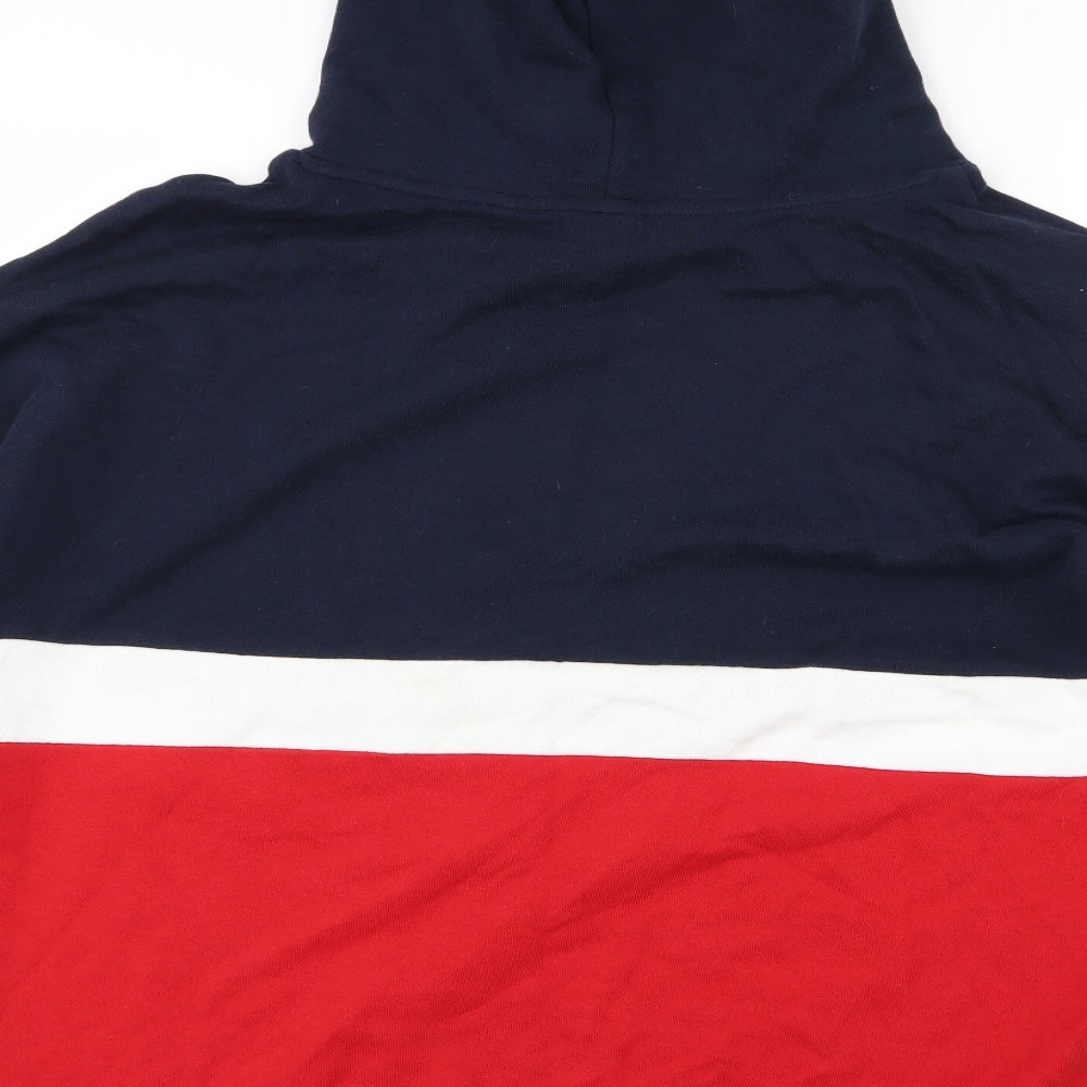 Brand and care label for Divided by H&M men’s blue pullover hoodie, size S