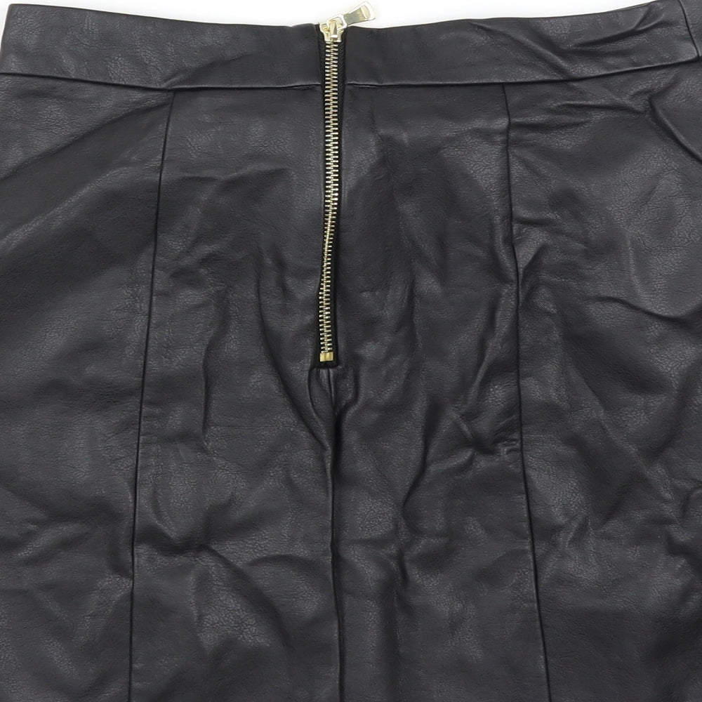 Brand and care label for River Island women’s black a-line skirt, size UK 8, - pleated front
