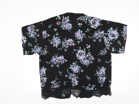 New Look Womens Black Floral Cardigan Jumper Size M - lace hem