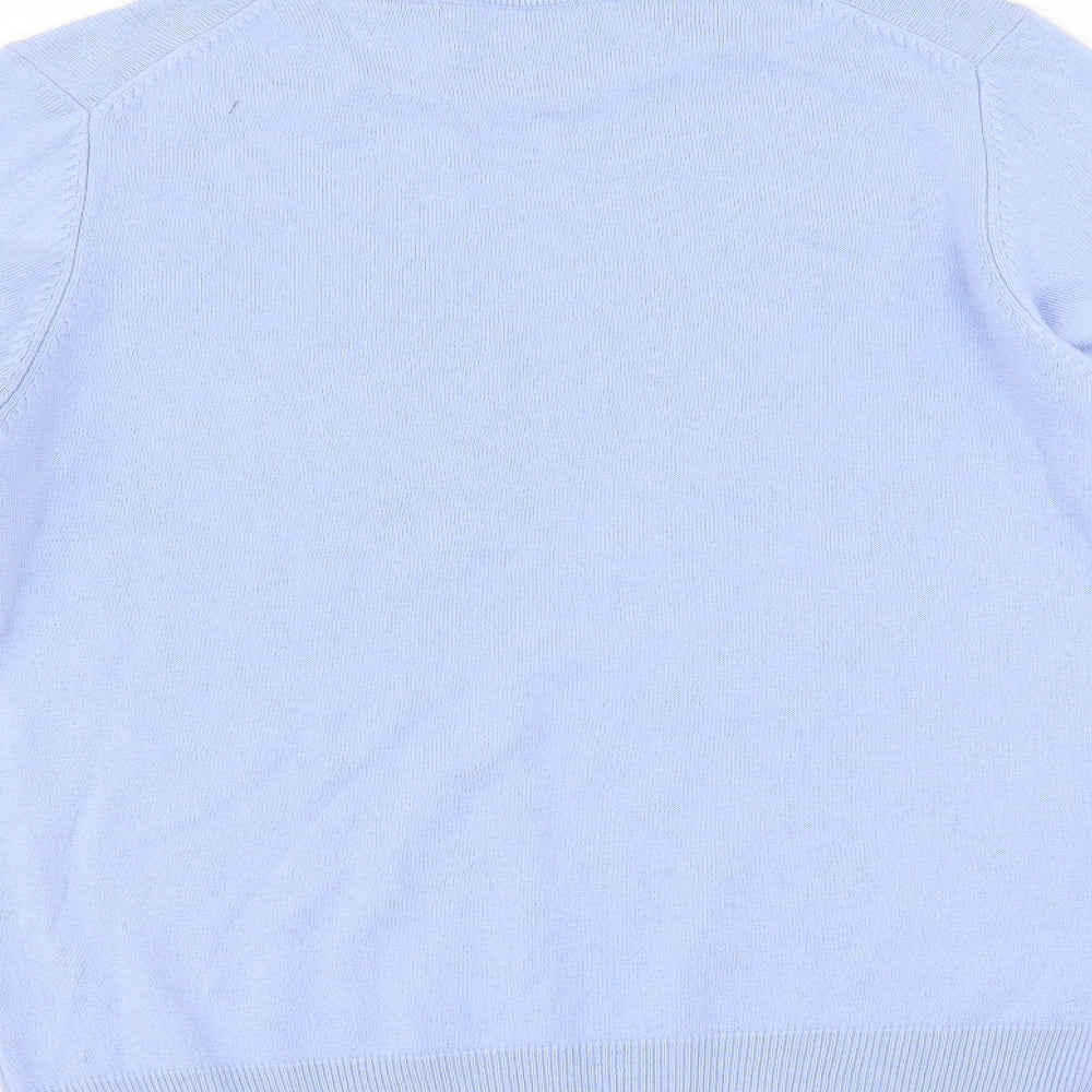 Brand and care label for Marks & Spencer women’s blue jumper, size UK 14