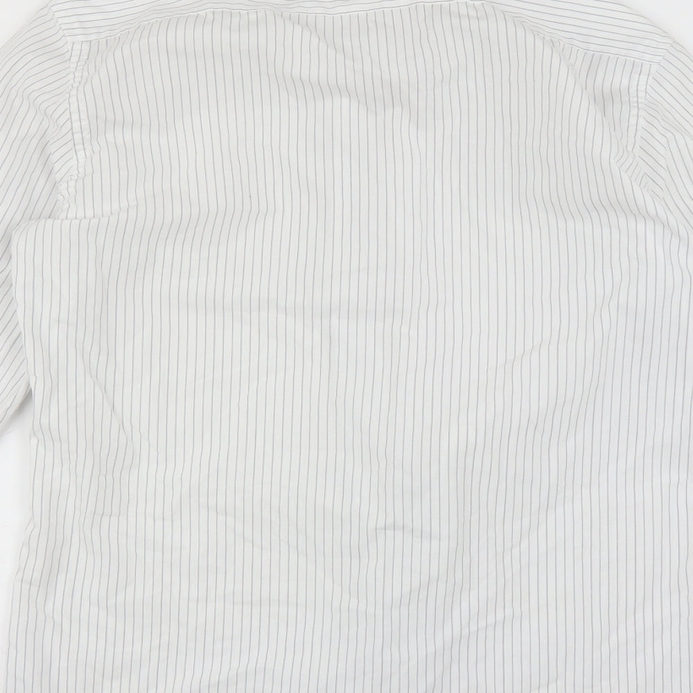 Brand and care label for River Island men’s white striped button-up, size M