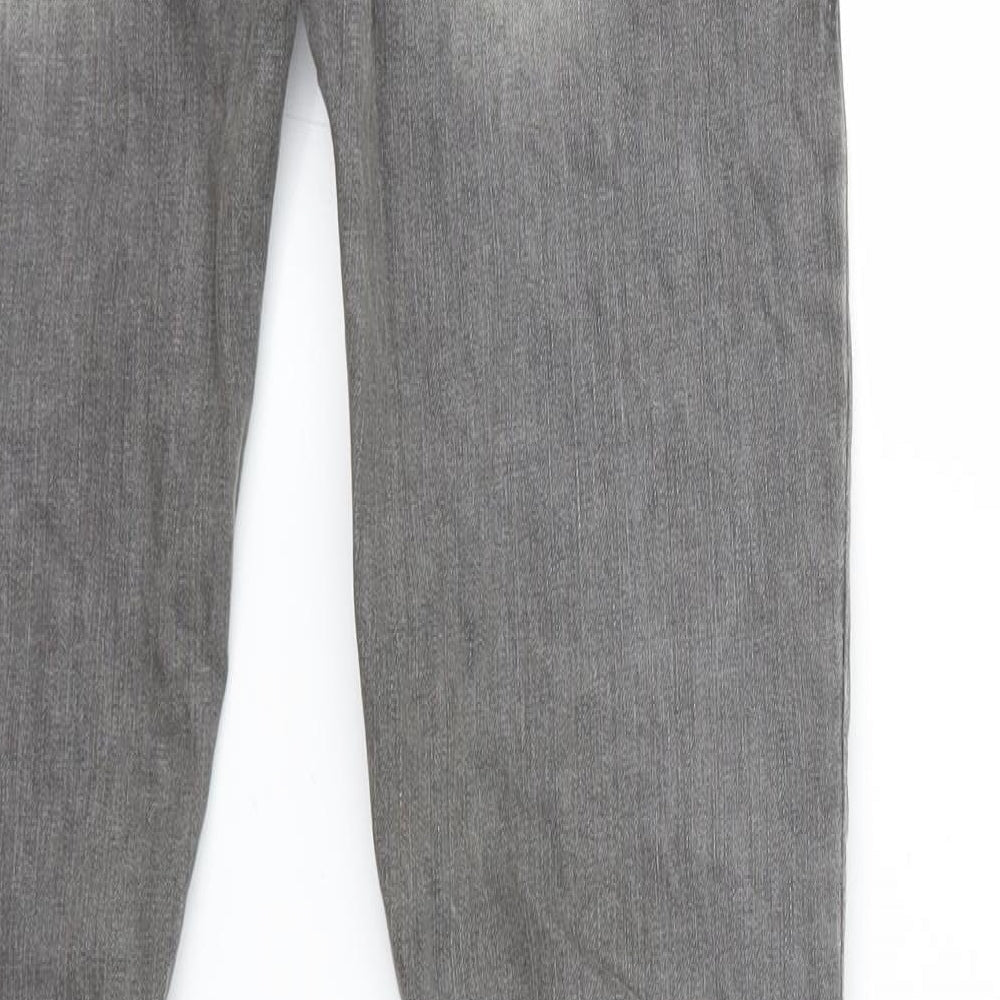 Brand and care label for Fishbone women’s grey denim straight jeans, size UK 29, in, 32-inch leg