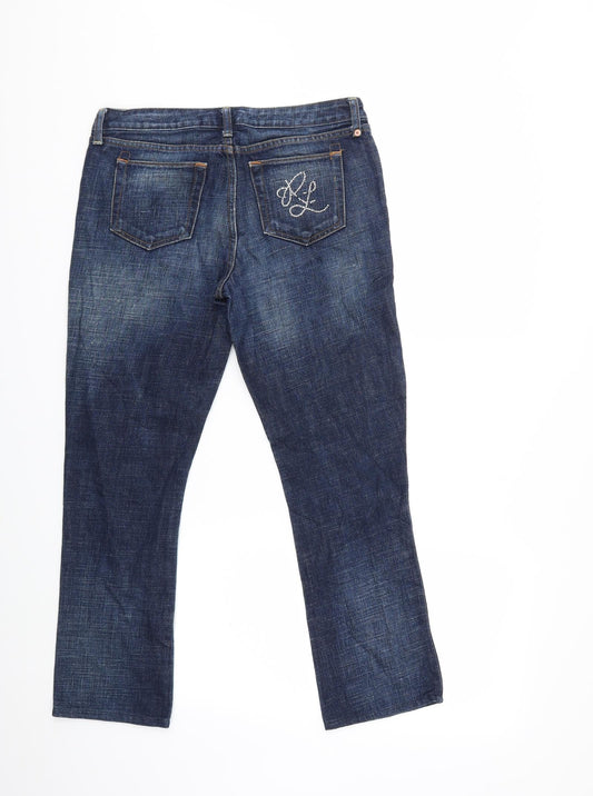 Back view of POLO Jeans company women’s blue denim skinny jeans, size UK 30, in, 26-inch leg