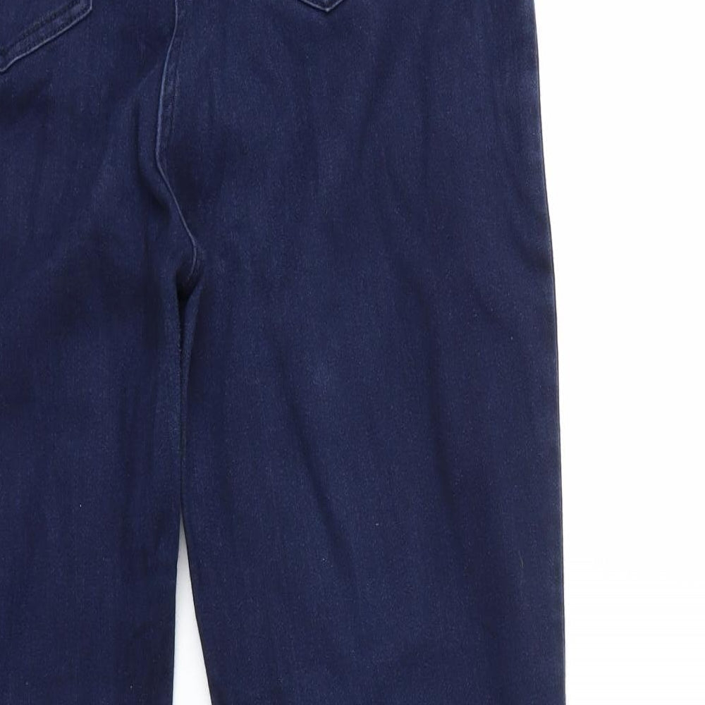 Brand and care label for Per Una women’s blue denim straight jeans, size UK 32, in, 27-inch leg