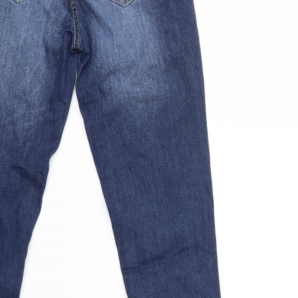 Brand and care label for REAL DENIM girls’ blue denim skinny jeans, size 14, years