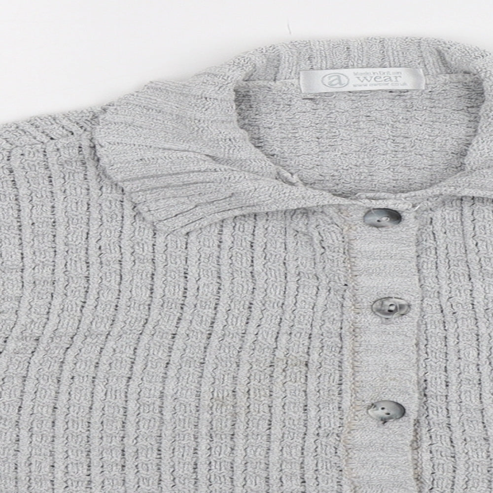 Close-up detail of A Wear women’s grey knit cardigan jumper, size M