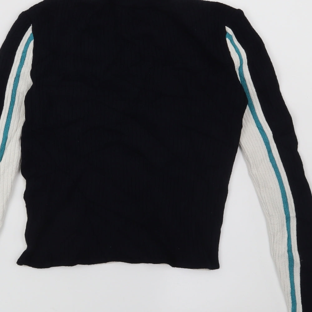 Brand and care label for Cooperative women’s blue geometric jumper, size XS