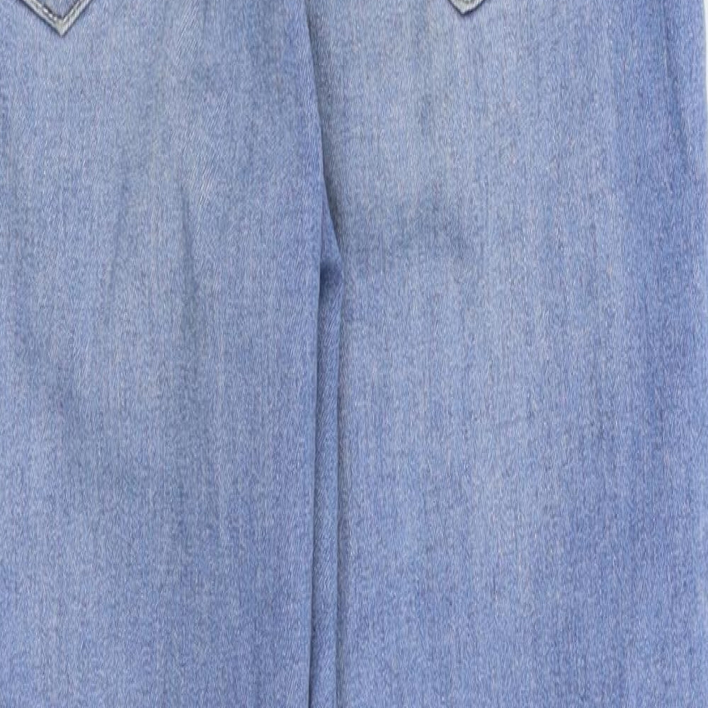 Brand and care label for Pull&Bear women’s blue denim straight jeans, size UK 8, 24-inch leg