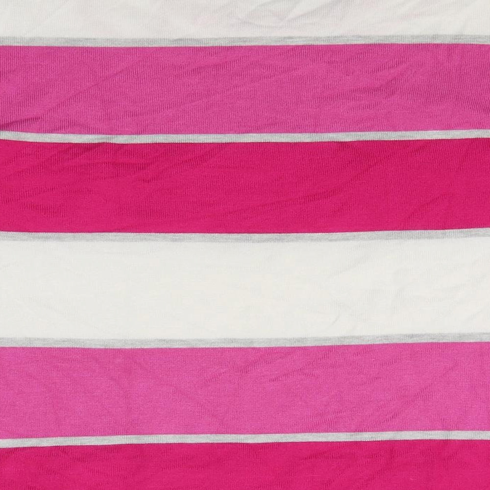 Brand and care label for Mudflower women’s pink striped knit jumper, size L