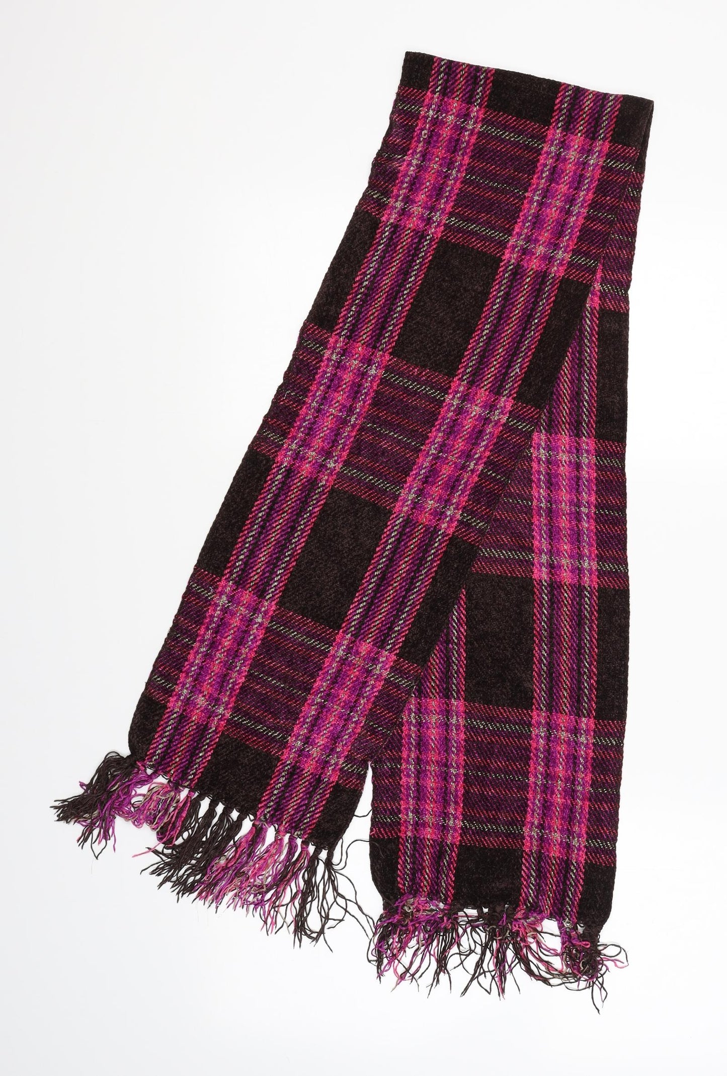Front view of Preworn women’s brown plaid scarf