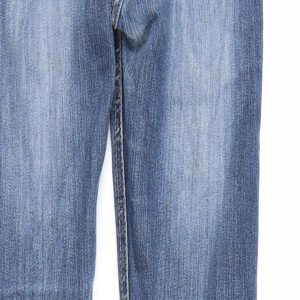 Brand and care label for Lab Industries girls’ blue denim straight jeans, size 12-13, years
