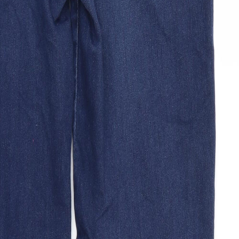 Brand and care label for F&F women’s blue denim straight jeans, size UK 8, 27-inch leg - e