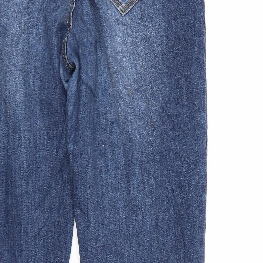 Brand and care label for women’s blue denim straight jeans, size UK 36, in, 26-inch leg