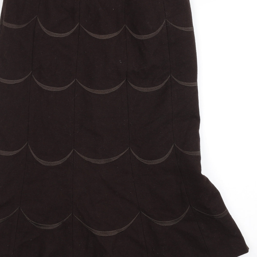 Brand and care label for Minosa women’s brown a-line skirt, size UK 10