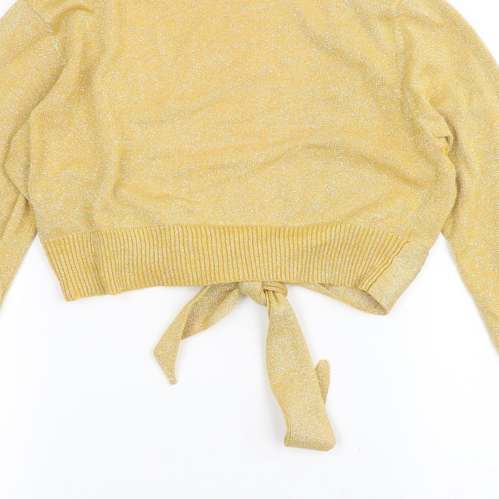 Brand and care label for Saix women’s yellow cardigan jumper, size L