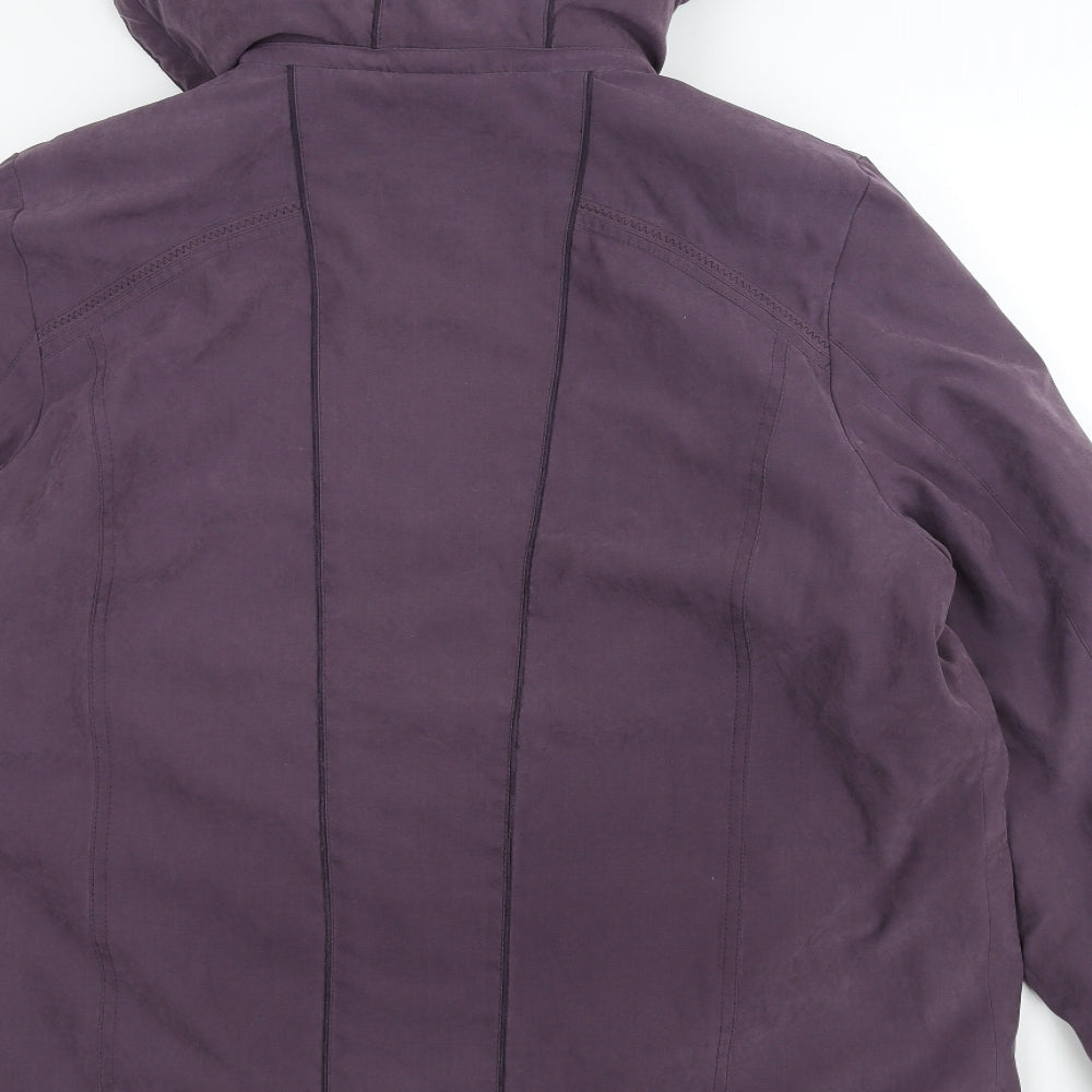 Brand and care label for anna rose women’s purple parka coat, size L
