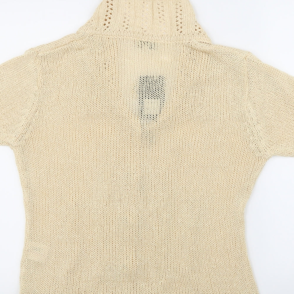 Brand and care label for Anne Smith women’s beige cardigan jumper, size L, - leaf details on poppers