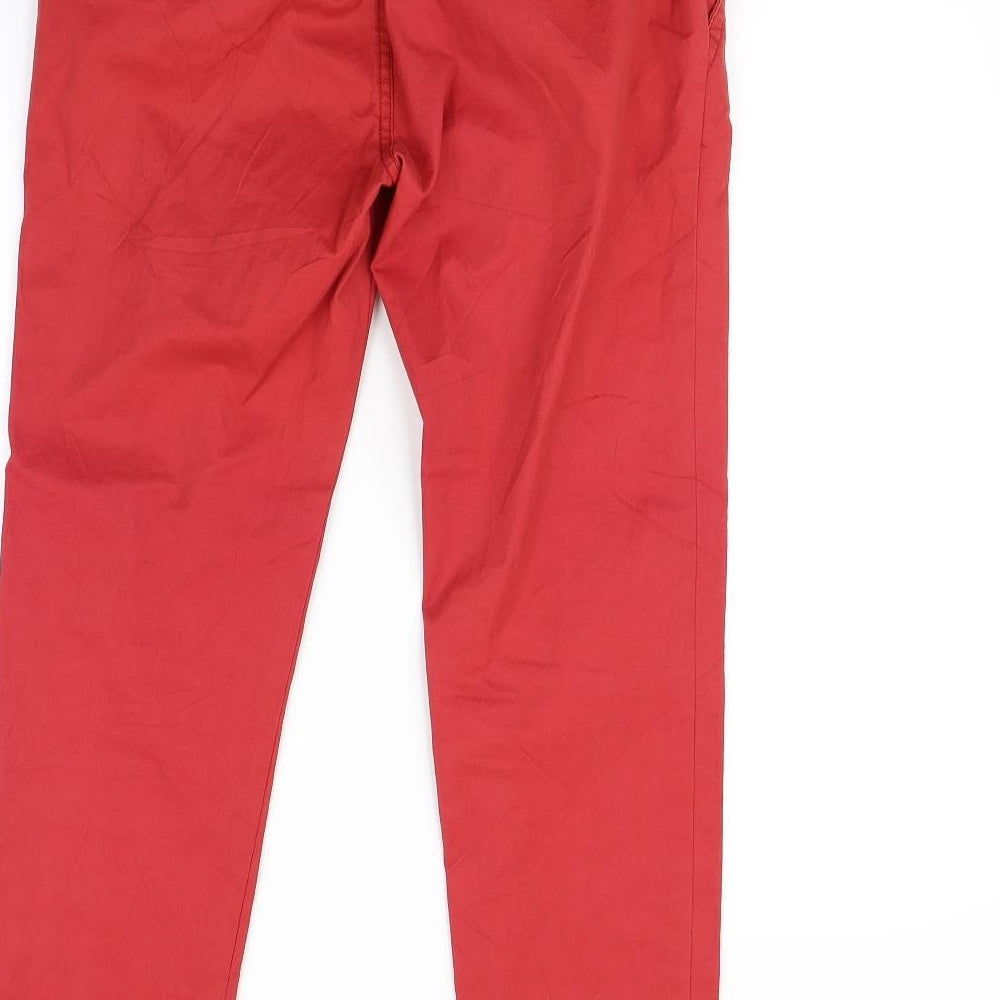 Brand and care label for River Island women’s red straight jeans, size UK 30, in, 30-inch leg