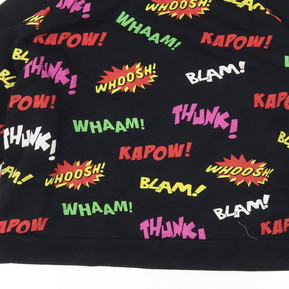 Brand and care label for Topshop women’s black pullover sweatshirt, size UK 10, - slogan