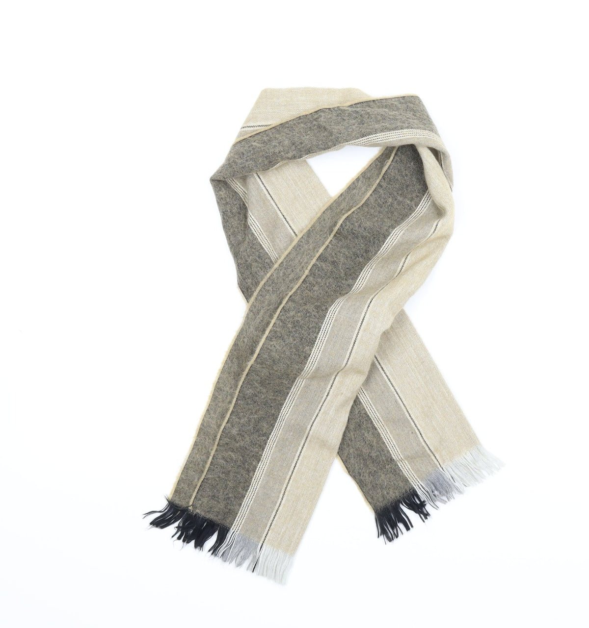 Front view of Francois Duchamps men’s beige striped scarf one size