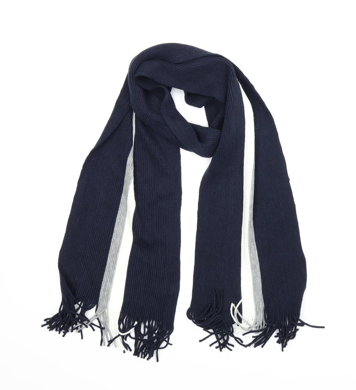 Front view of Nutmeg men’s blue striped scarf one size