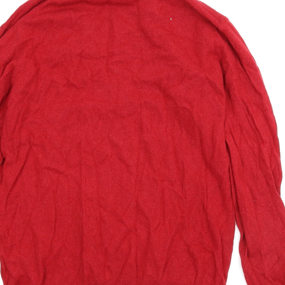 Brand and care label for Isle Essentials women’s red jumper, size L