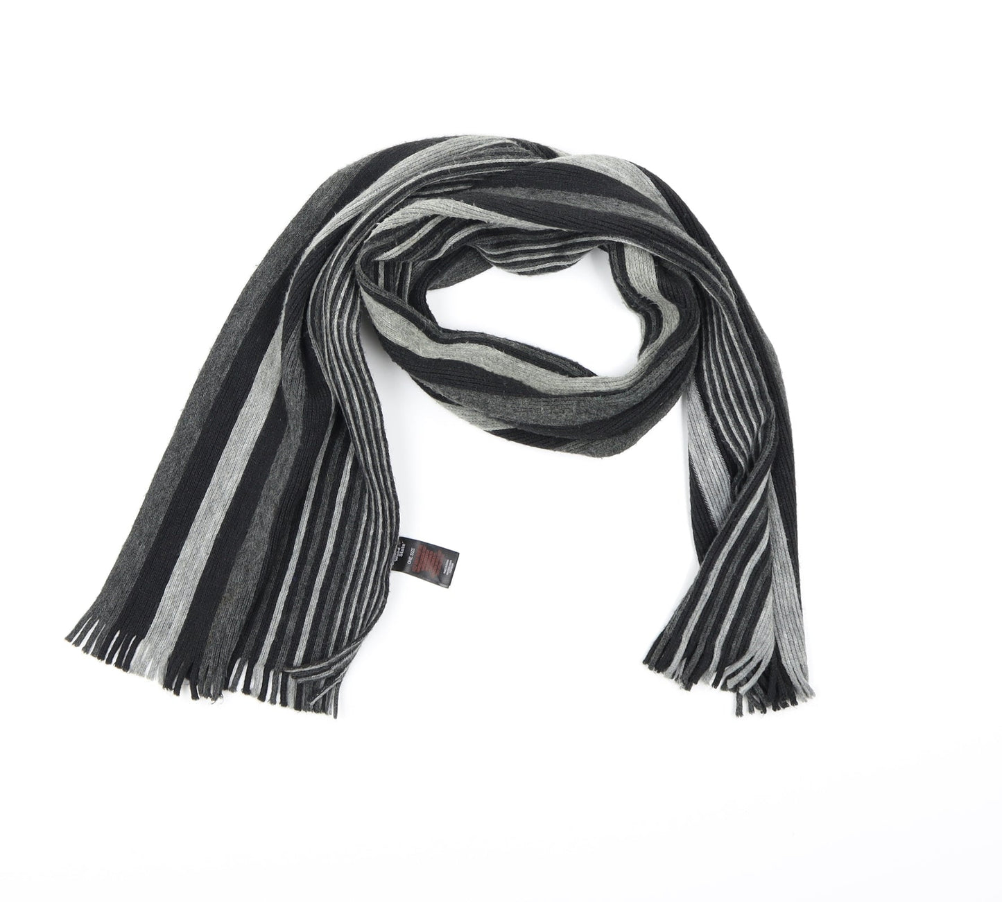 Front view of Cedarwood State men’s grey striped knit scarf one size
