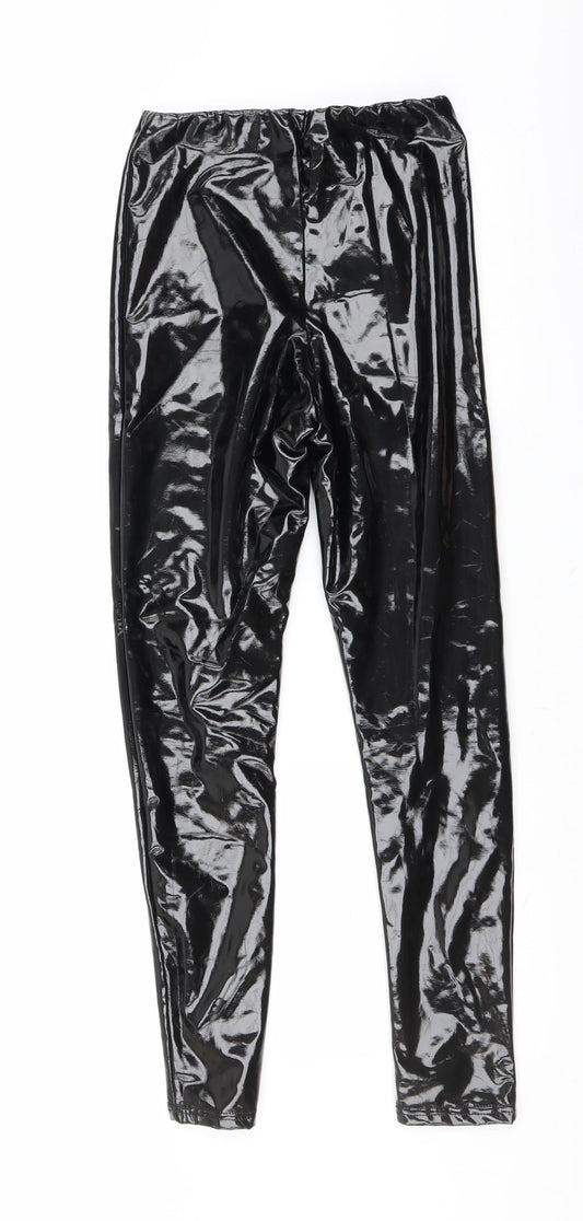 Rebellious Womens Black Trousers Size 8 L26 in - wet look
