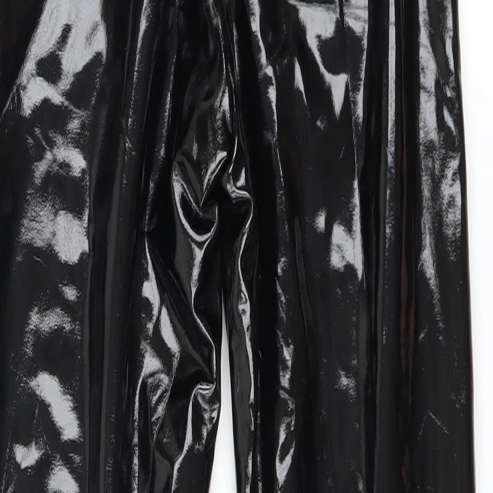 Brand and care label for Rebellious women’s black trousers, size UK 8, 26-inch leg - wet look