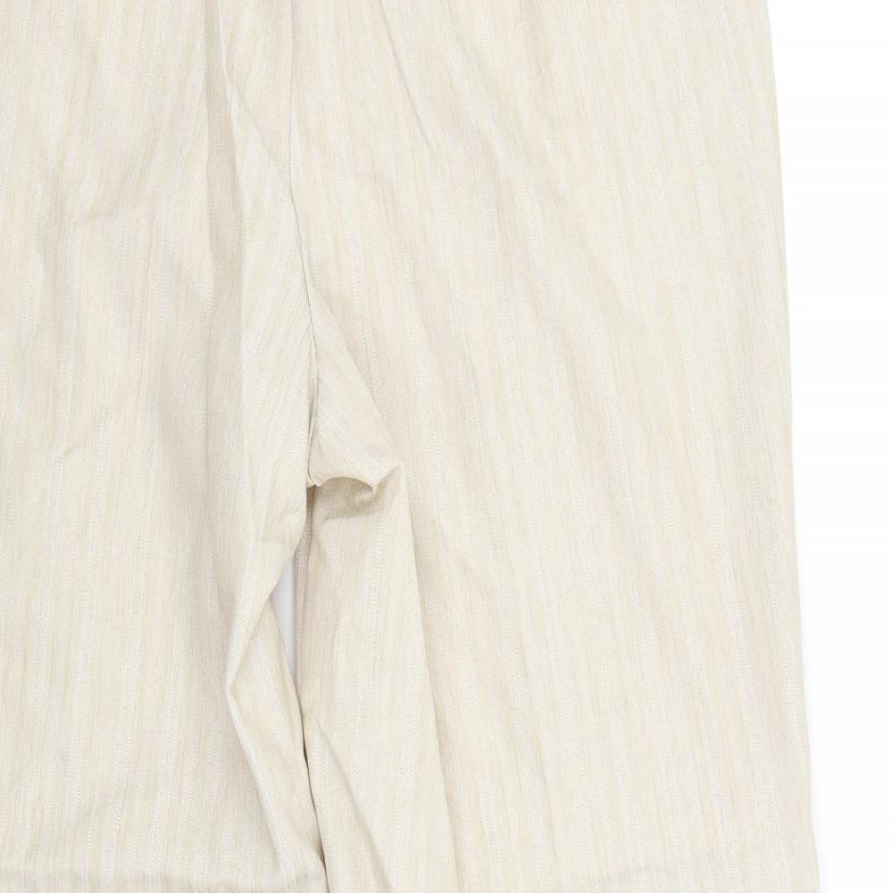 Brand and care label for Bonmarché women’s beige striped trousers, size UK 12, 27-inch leg