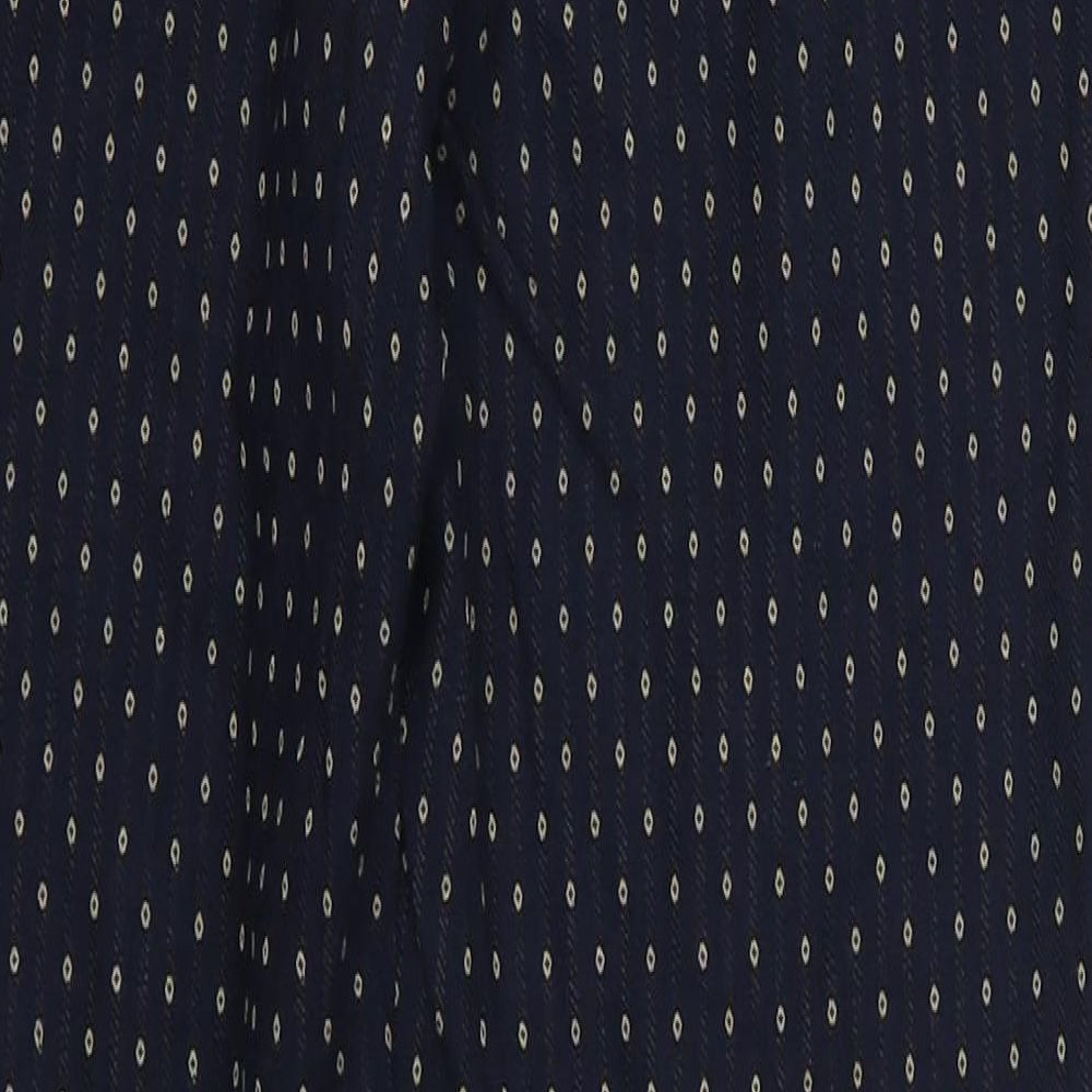 Brand and care label for Bonmarché women’s blue geometric trousers, size UK 10, 26-inch leg