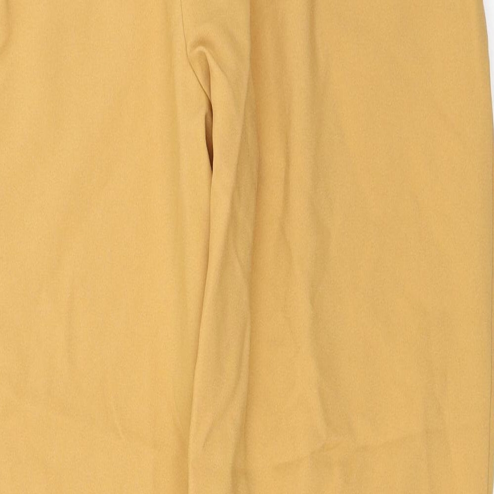 Brand and care label for kaland women’s yellow trousers, size UK 14, 25-inch leg