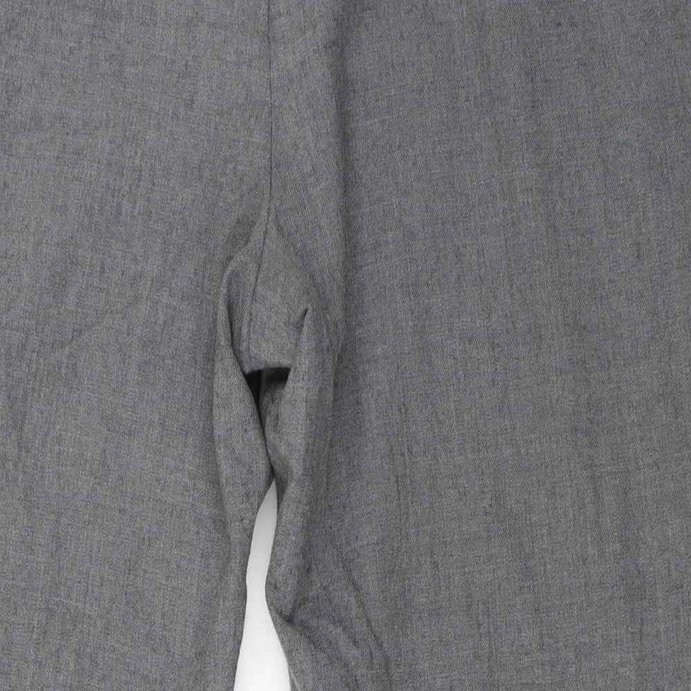 Brand and care label for wool blend men’s grey trousers, size 43, in, 24-inch leg